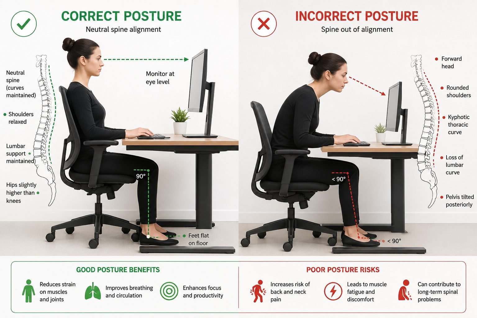 An ergonomic desk and chair setup designed to solve common workspace comfort problems.