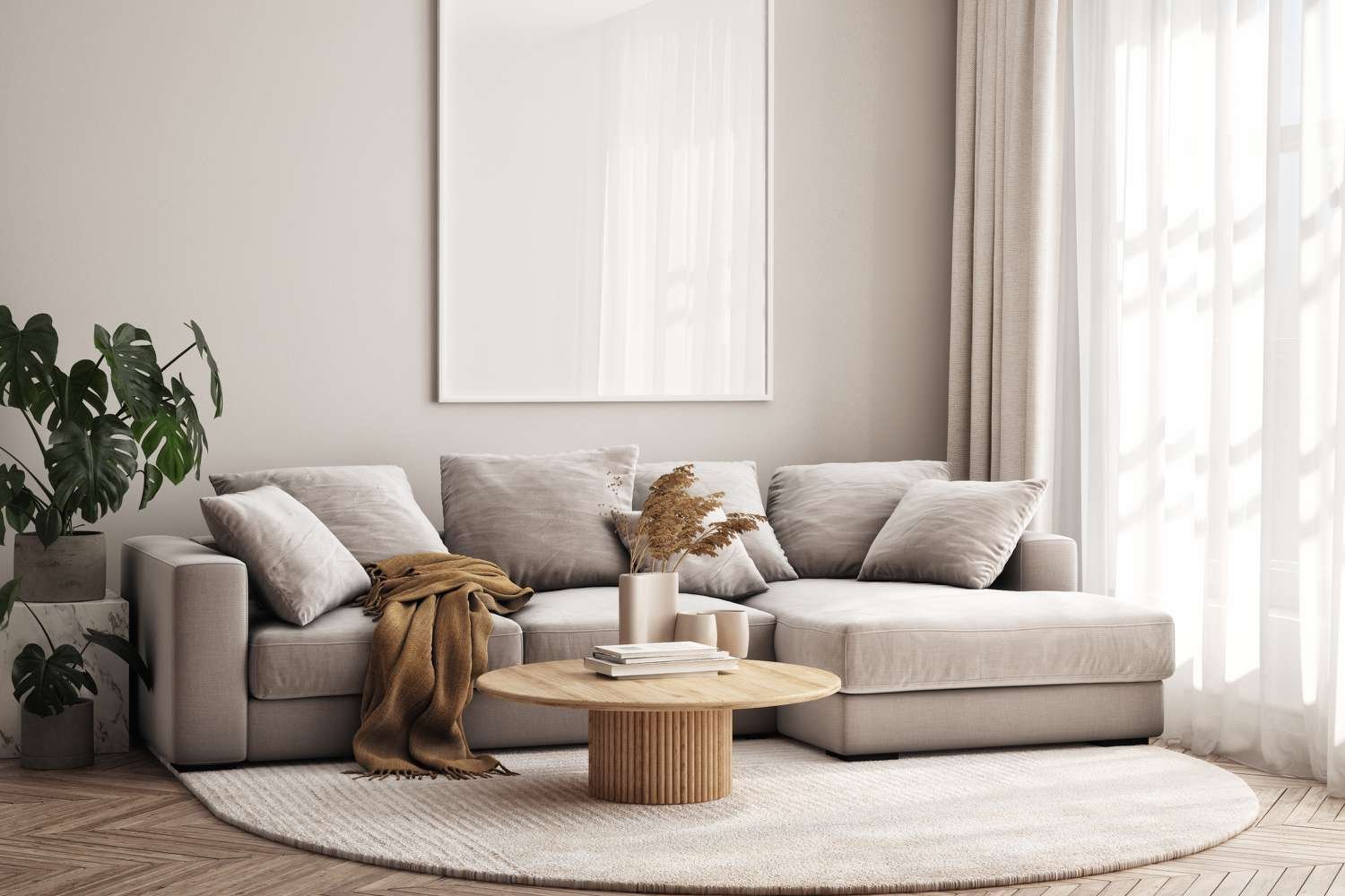 A measuring tape on the floor shows the space required for a sofa.