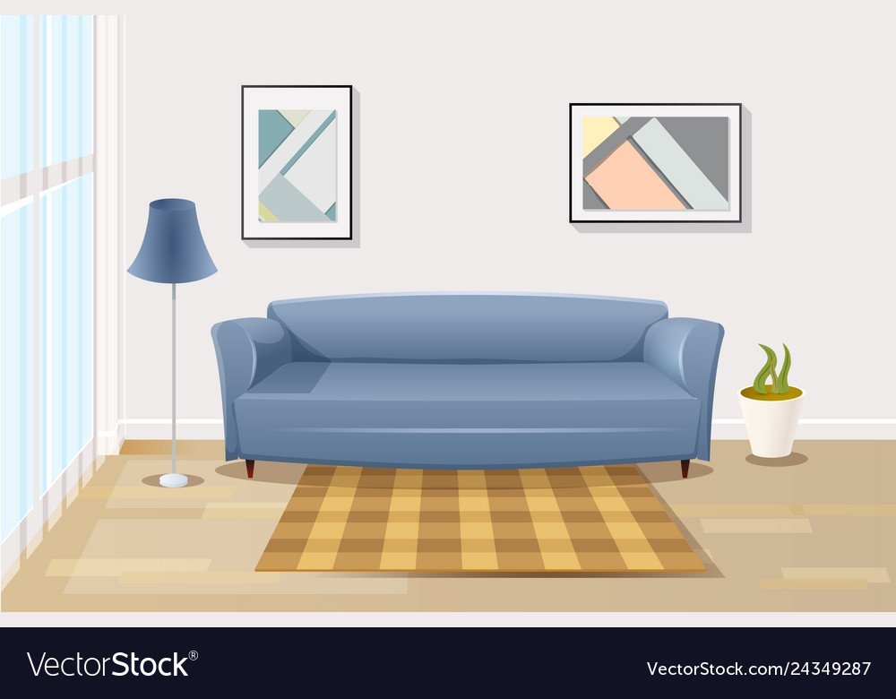 A sofa floats in the center of an open living room layout.