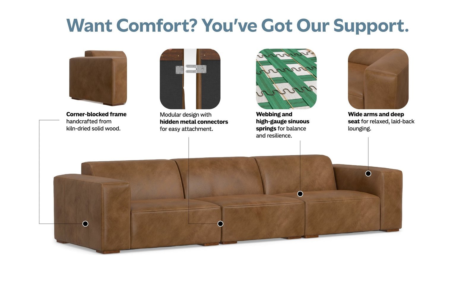 Checking the firmness and rebound quality of a three-seater sofa cushion.