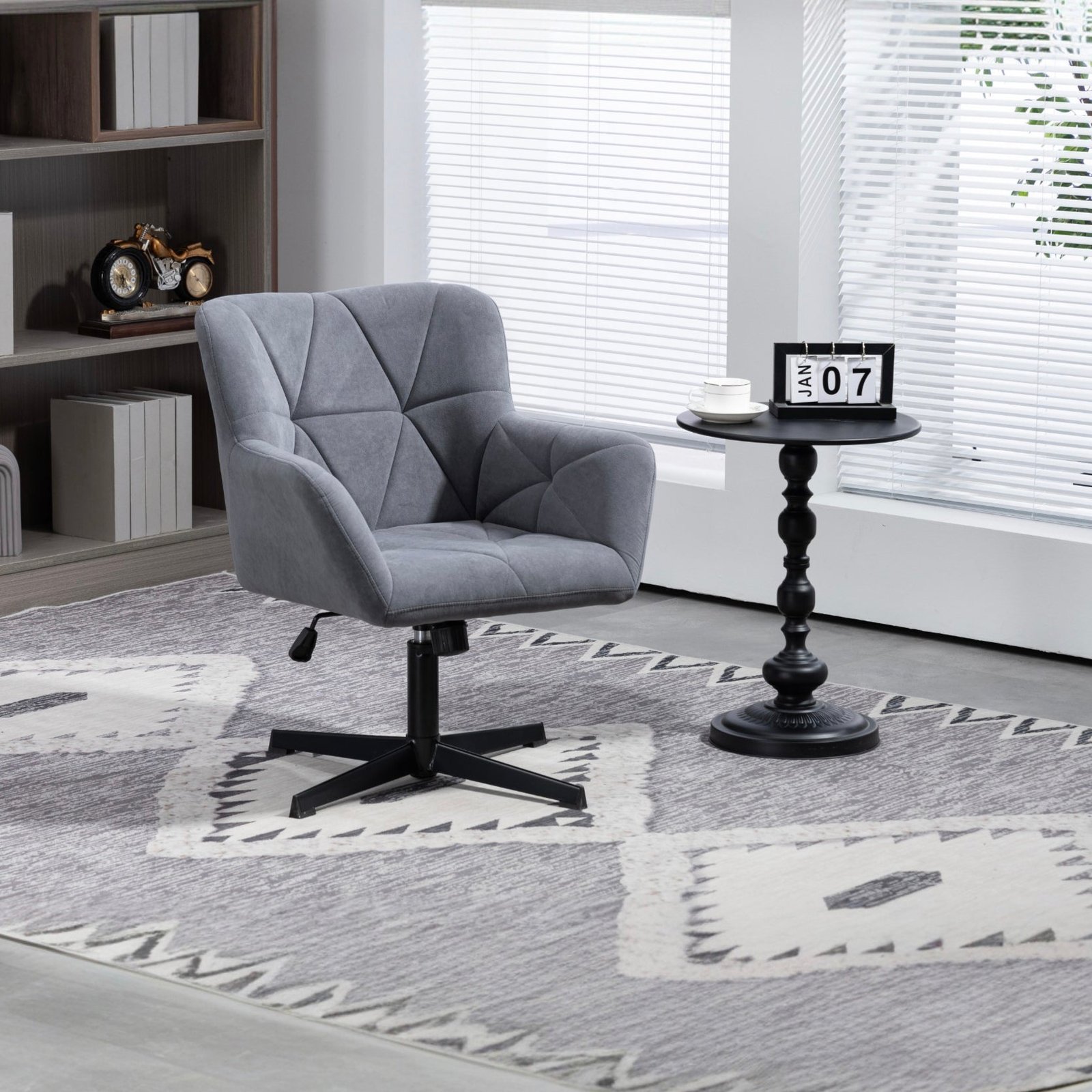An interior designer examining office chair materials for a modern workspace setup.