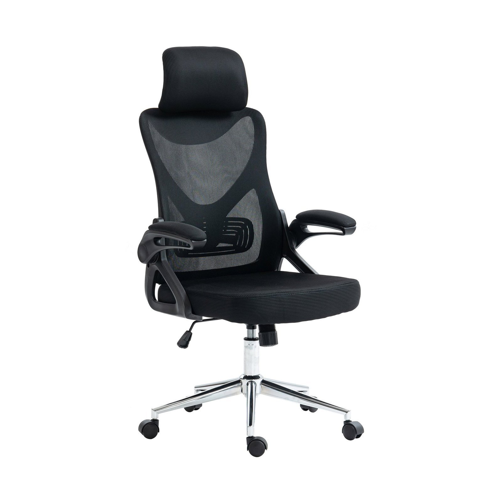 A person sitting with proper posture in an ergonomic office chair.