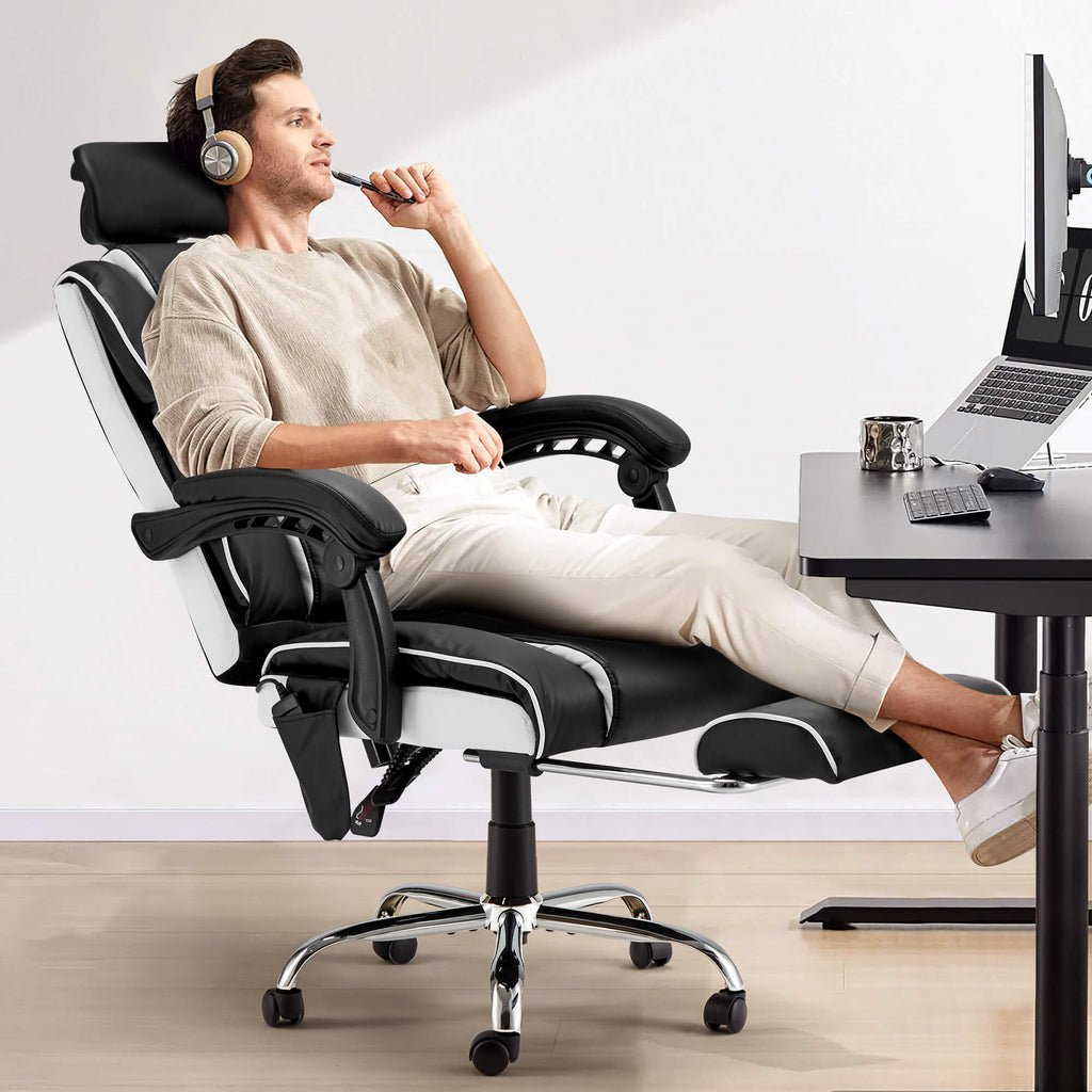 A clean and organized home office desk setup featuring a high-quality ergonomic chair.