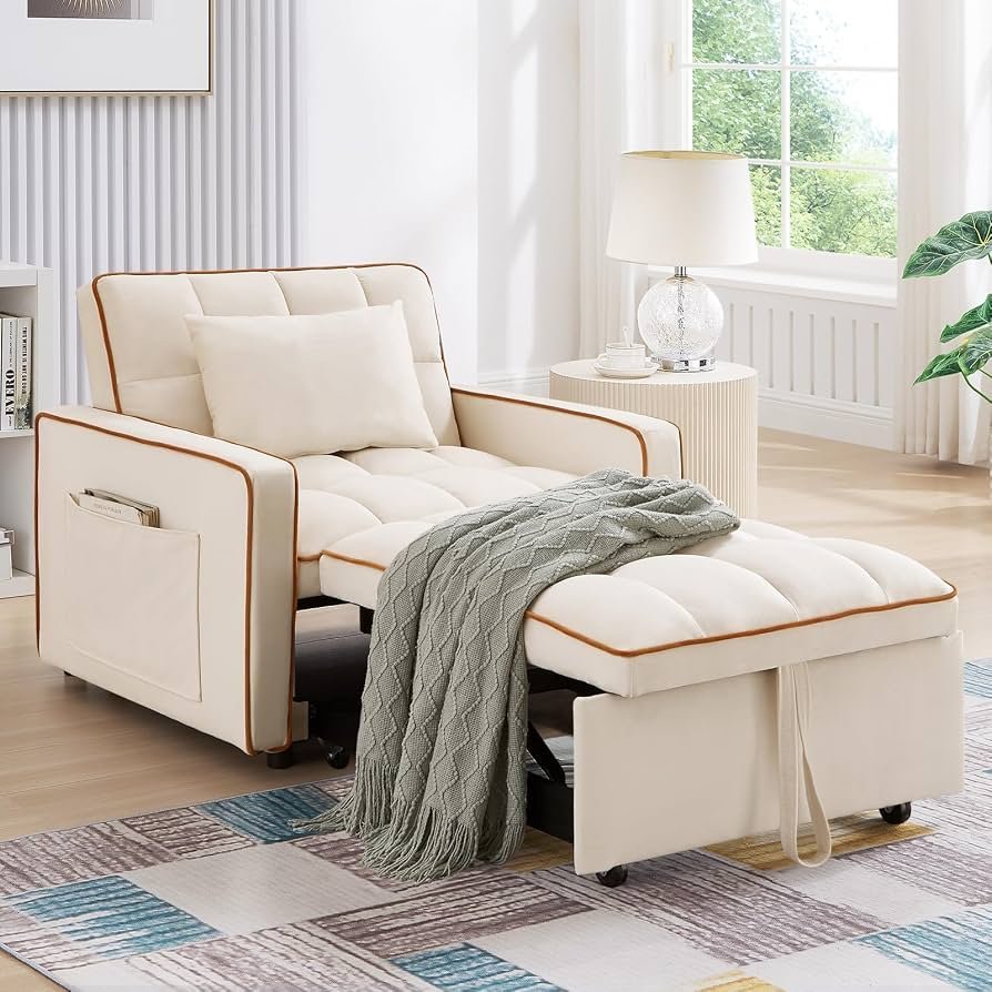 A tape measure sits on the floor next to a twin sleeper chair.