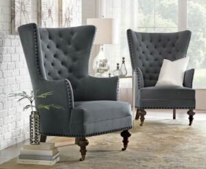 A modern accent chair sits elegantly in a bright and cozy living room.