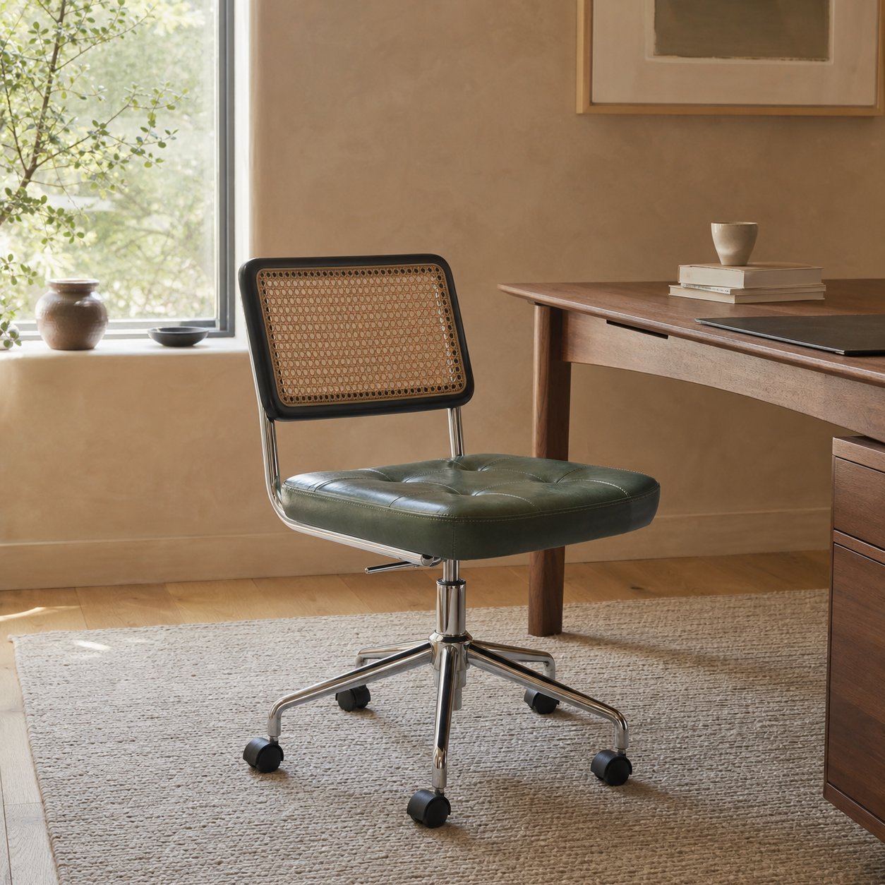 An ergonomic office chair stands in a modern, sunlit workspace for professional comfort.