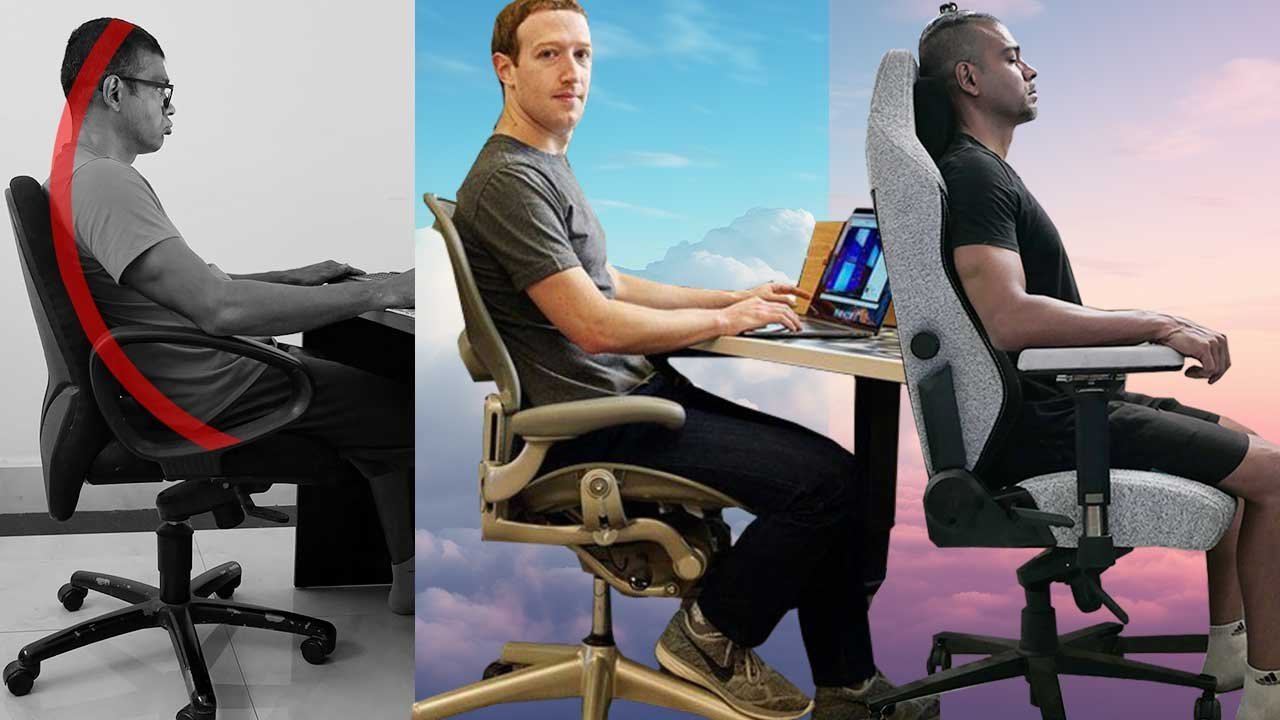 Hands adjusting the height lever of a modern ergonomic office chair.