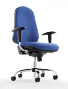 A modern ergonomic office chair sitting in a clean and bright home office space.