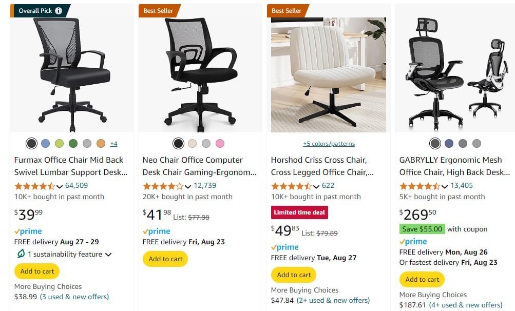 A neatly arranged home office desk and ergonomic chair ready for work.