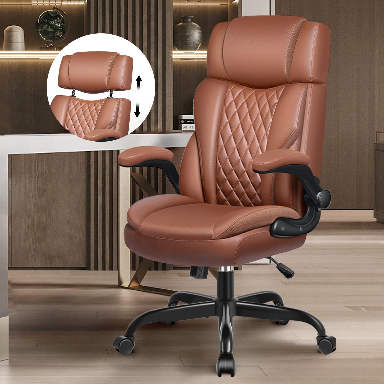 Detailed view of premium top-grain leather texture on a durable office chair.