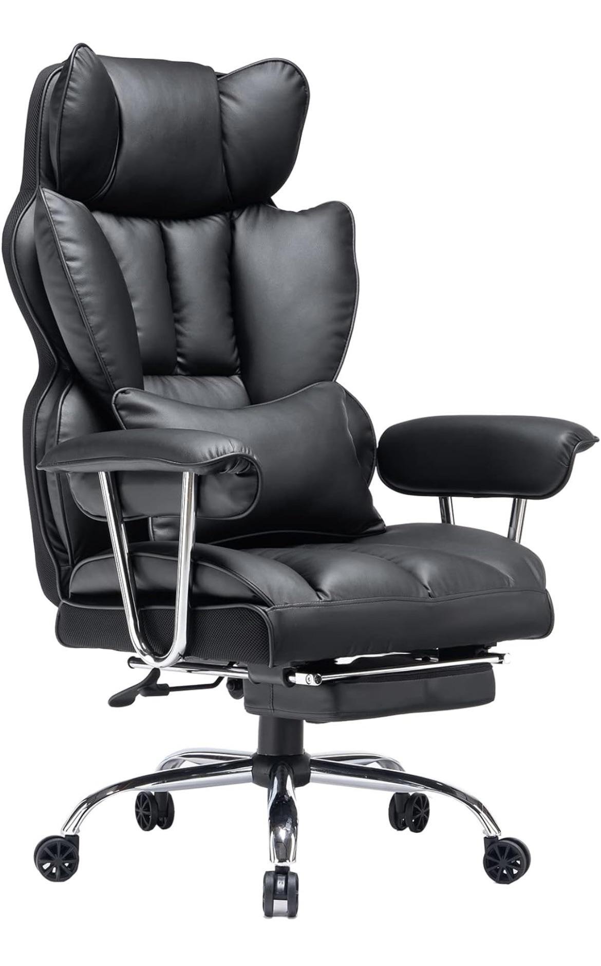 Four different styles of leather office chairs lined up for comparison in a studio.