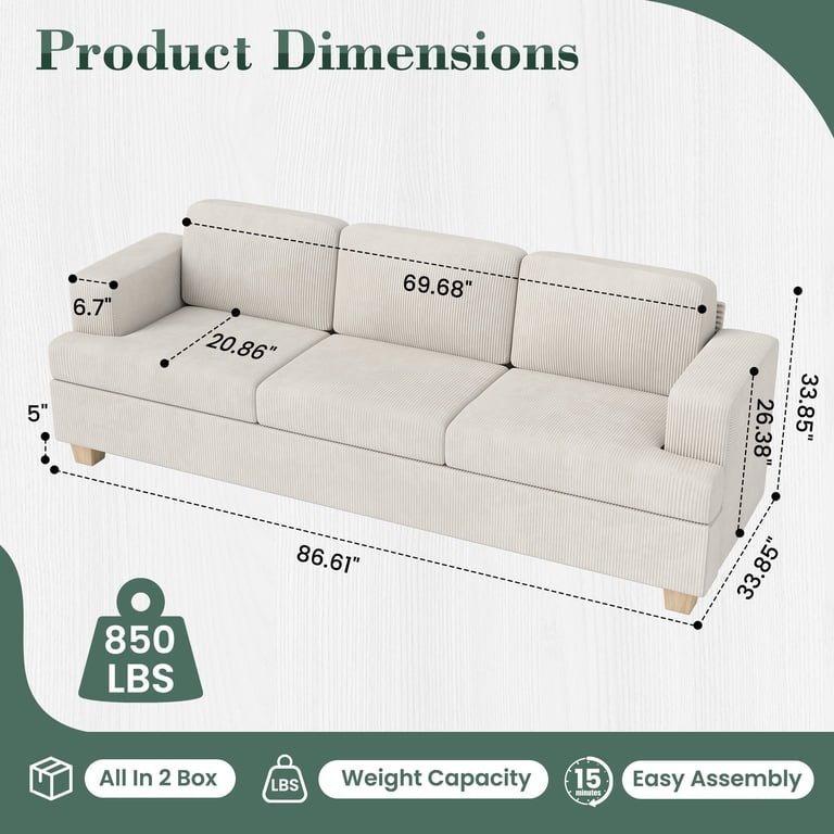 Using a measuring tape to determine the total width of a three-seater sofa.