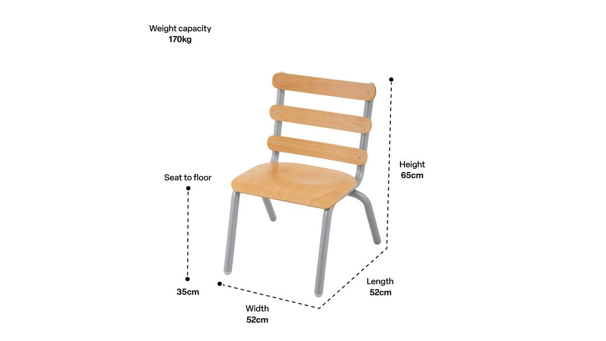 A modern wooden dining chair stands in a bright room to show typical chair dimensions.