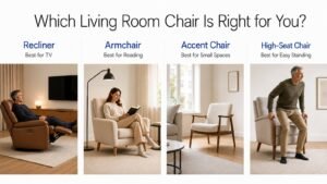 A comfortable accent chair sits in a bright, modern living room setting.