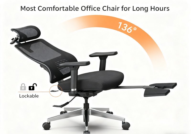 A person sits with correct posture in an ergonomic chair with feet flat.