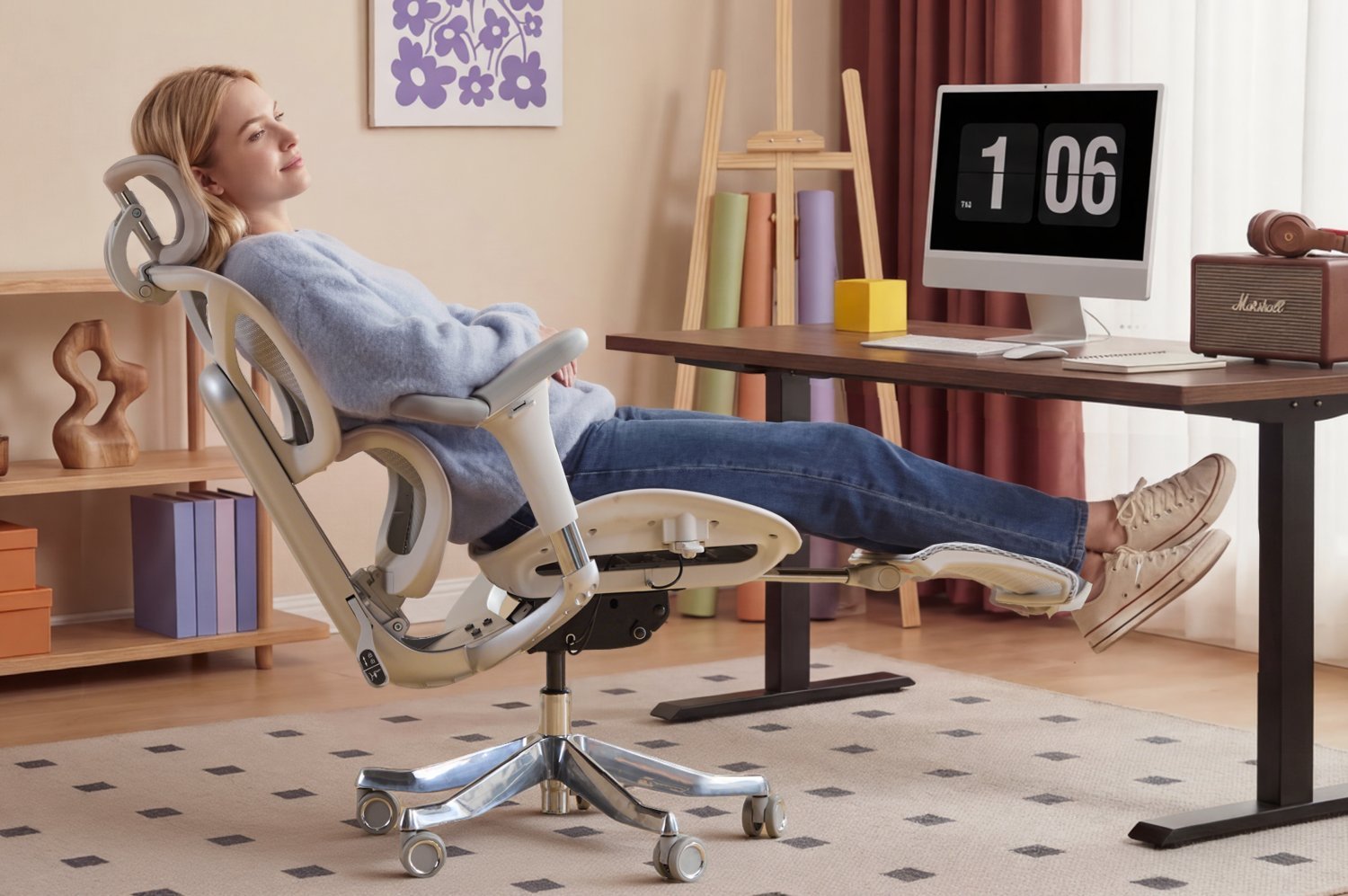 A person demonstrating poor posture while sitting in an improperly adjusted office chair.