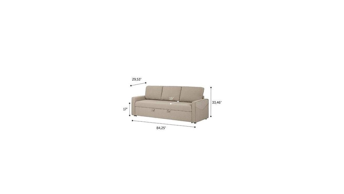 A modern three-seater sofa sits in a bright living room, representing standard sofa dimensions.