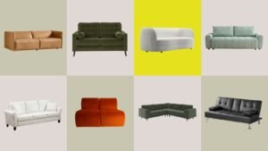 A modern, comfortable sofa serves as the focal point in a bright living room.