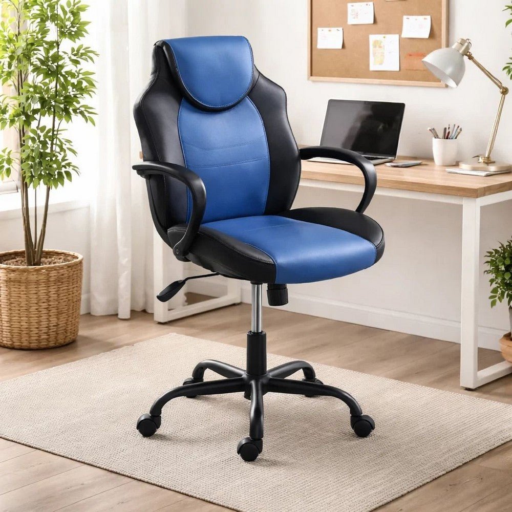 A person adjusts the height of their office chair while at a desk.