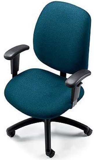 Hands inspect the wheels and structural mechanism of a used office chair for damage.