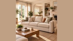 A stylish modern sofa sits in a bright, inviting living room setting.