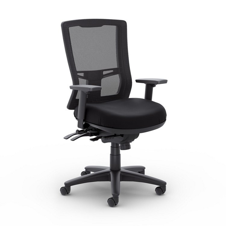 A person tests the features of an ergonomic office chair in a showroom.