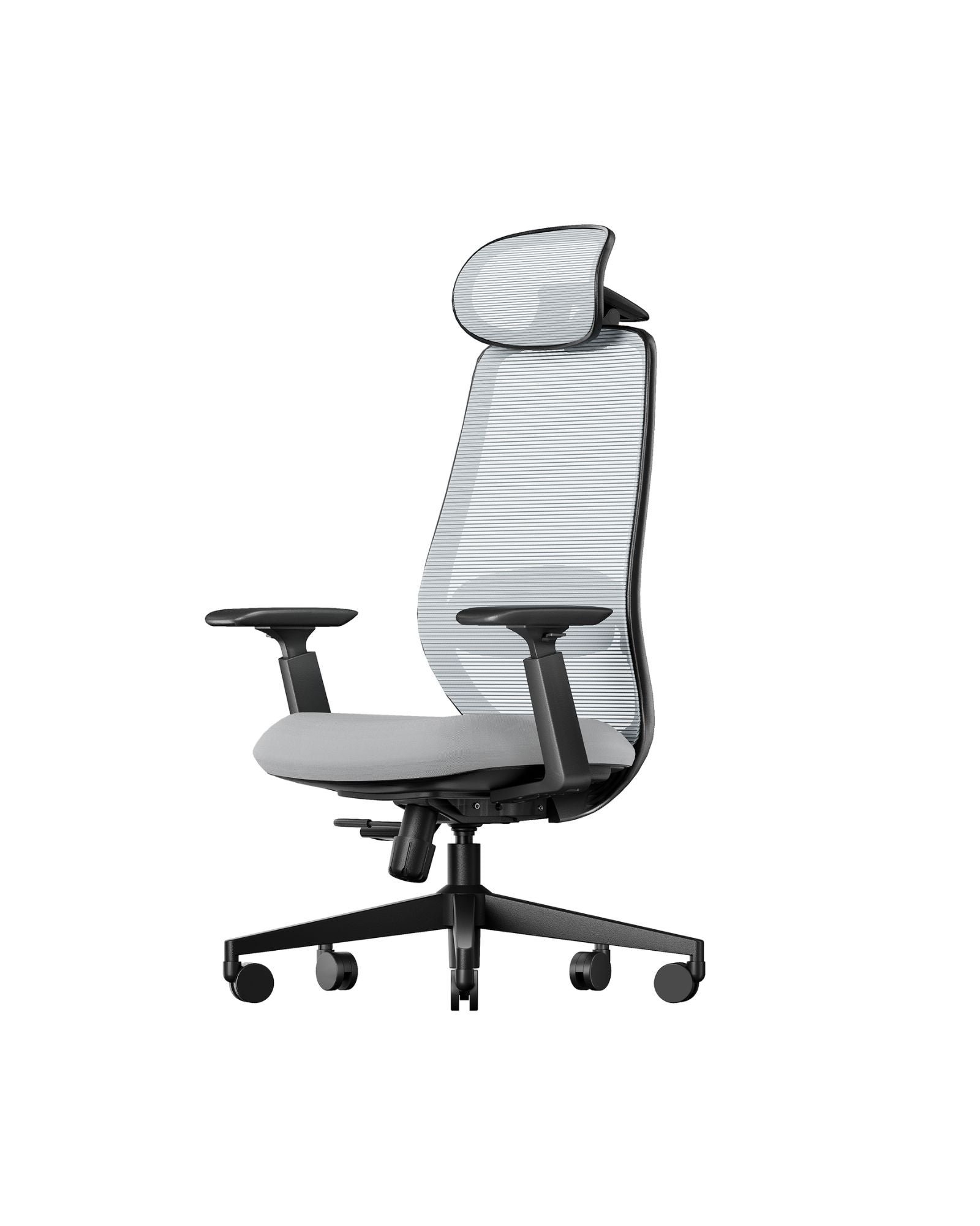 A person checks ergonomic office chair specifications and warranty details on a tablet.