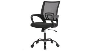 A basic black mesh office chair in a bright modern home office.