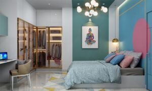 A bright, modern small bedroom featuring a stylish accent chair for comfortable seating.