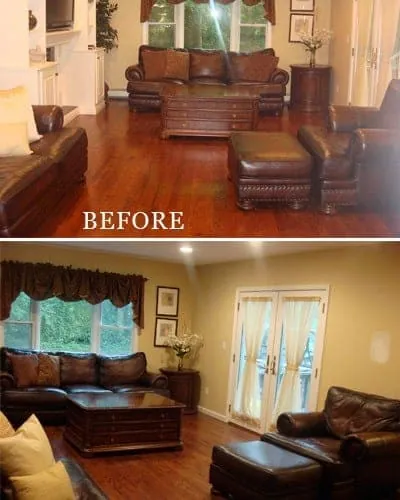 Cleaning a brown couch with a mild soap solution and a soft cloth.