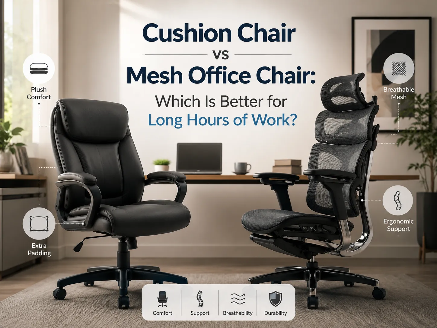 Close-up comparison of mesh chair material and soft foam cushion texture.