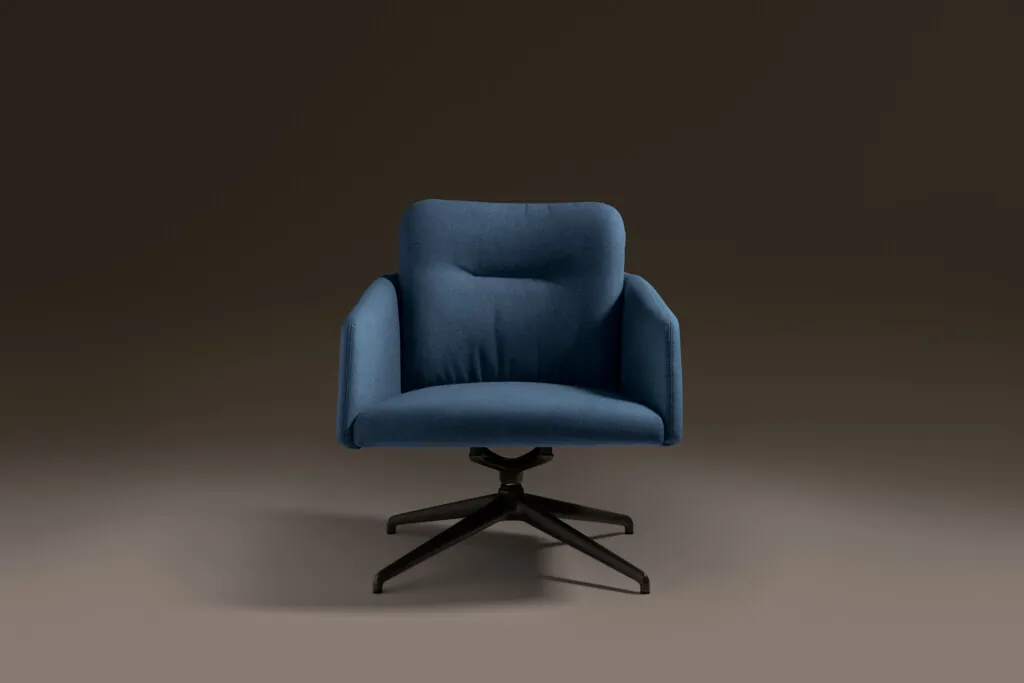 Close-up of a conference chair with a waterfall seat edge design.