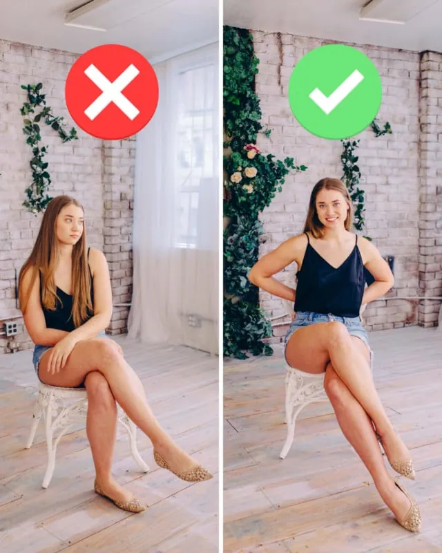 Comparing how different chair types change body posture for seated photography poses.