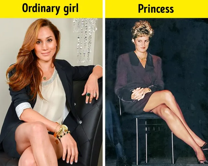 A comparison showing elegant posture versus rounded shoulders while seated on a chair.