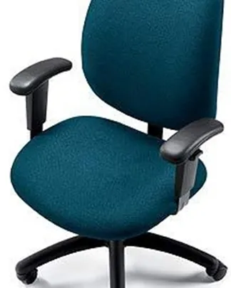 A damaged cheap office chair sitting on scratched hardwood flooring at home.