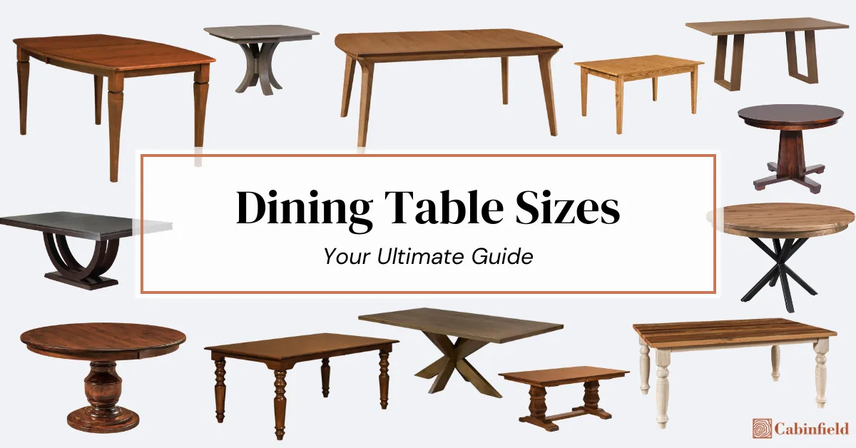 Different styles of dining room tables are arranged to demonstrate ideal seating capacity sizes.