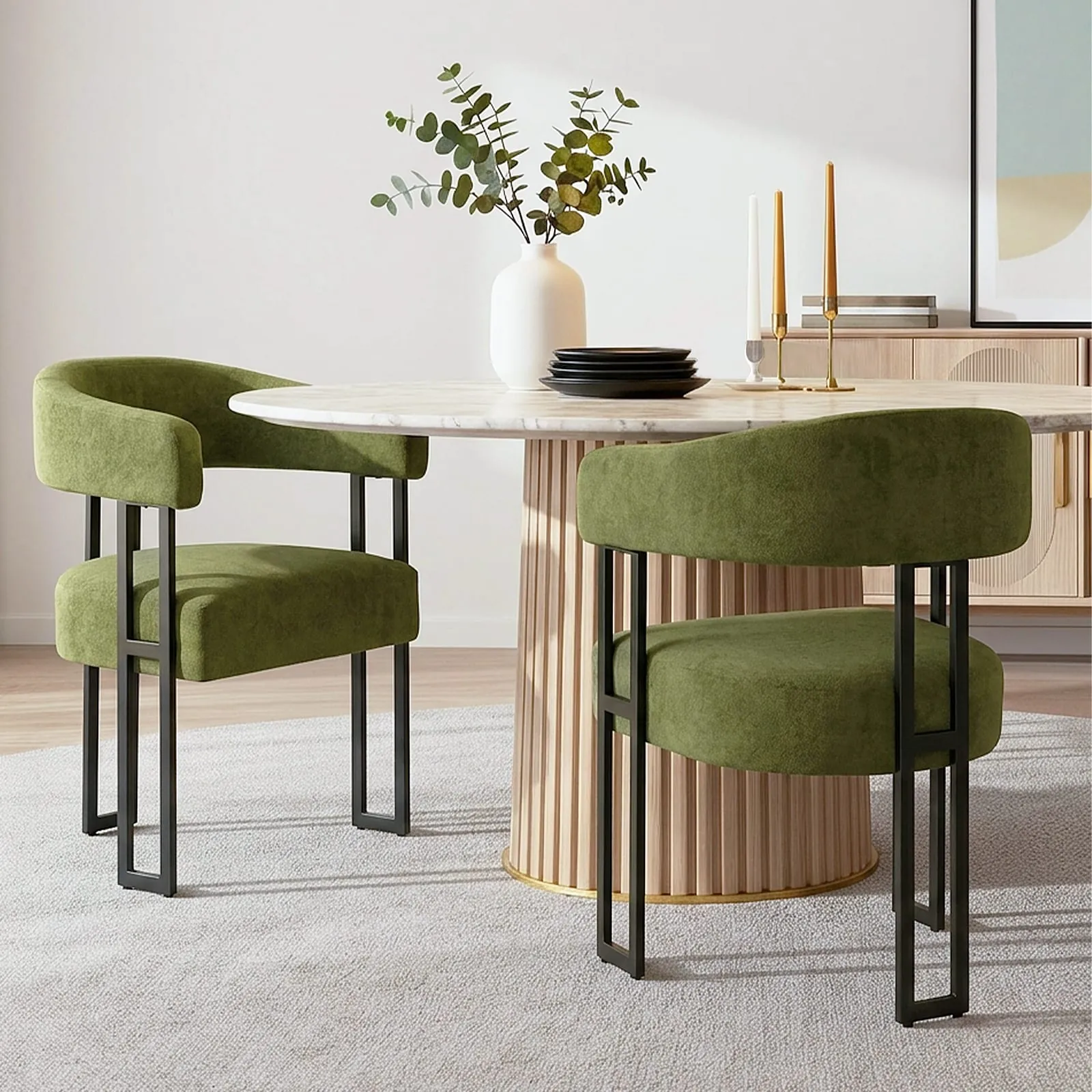 Dining room chairs with arms that do not fit under the table.