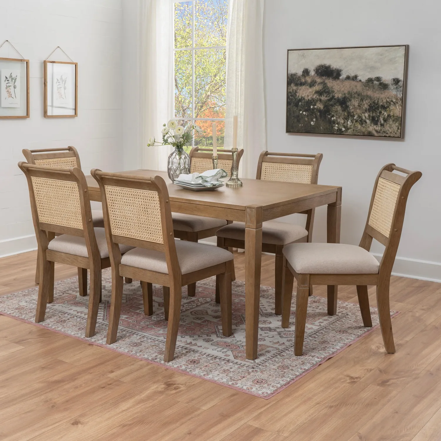 A dining table showing the difficulty of fitting chairs between corner legs.