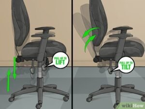 An ergonomic office chair showing the pneumatic mechanism used to raise a swivel chair.