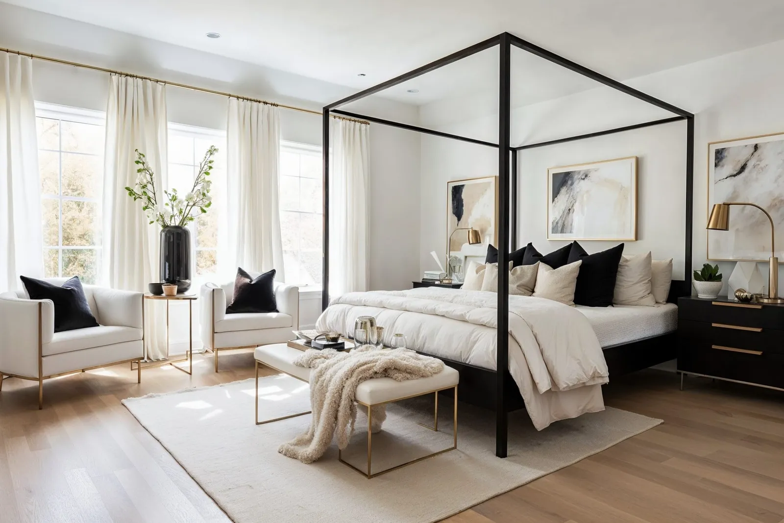 Essential furniture pieces like a chair, side table, and lamp for a bedroom seating area.