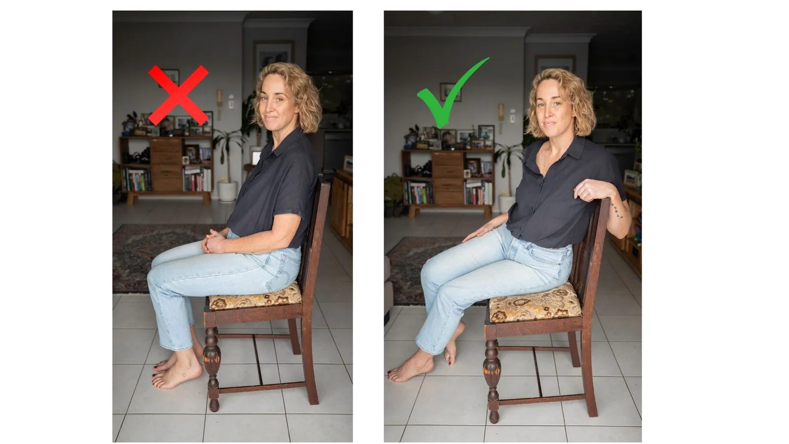 Essential photography equipment arranged for practicing a seated pose in a bright room.