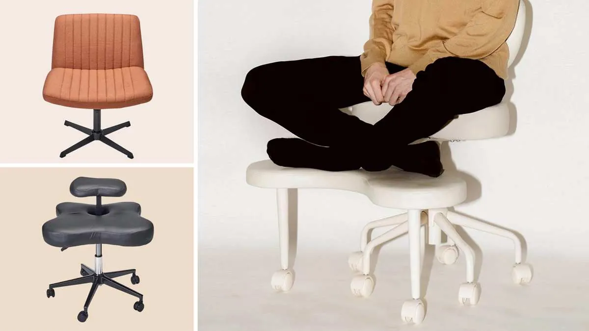 Five different types of office chairs you can sit criss cross in lined up.