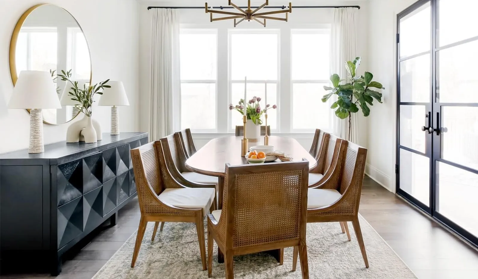 Focusing on the fine craftsmanship and wood finish of a dining table.