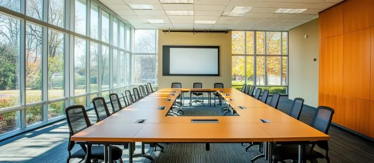 Four different styles of conference chairs arranged in a row for comparison.