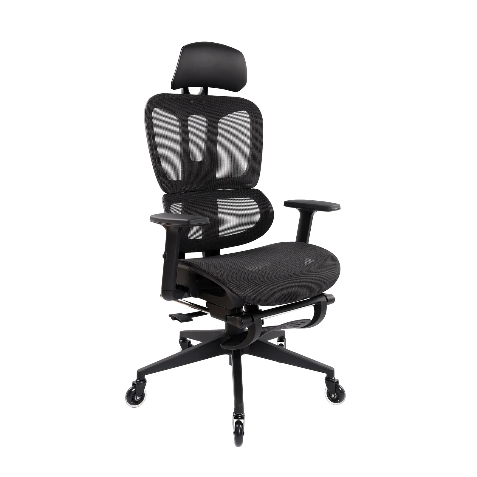 A hand tests the firm tension of a high-quality mesh office chair backrest.