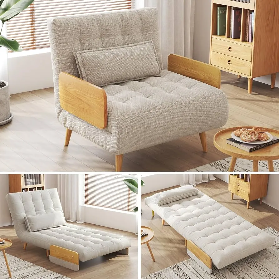 Hands adjusting the frame of a sturdy pull-out chair bed in a bedroom.