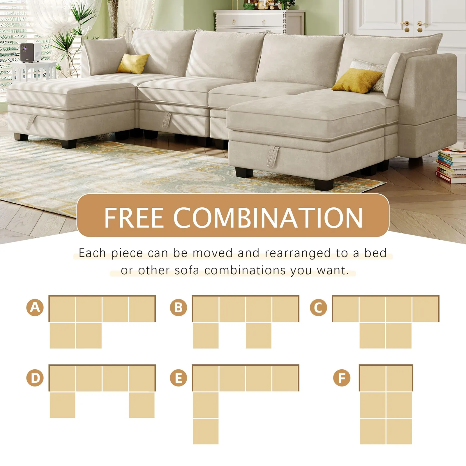 Hands lifting a modular couch section to rearrange it in a living room.