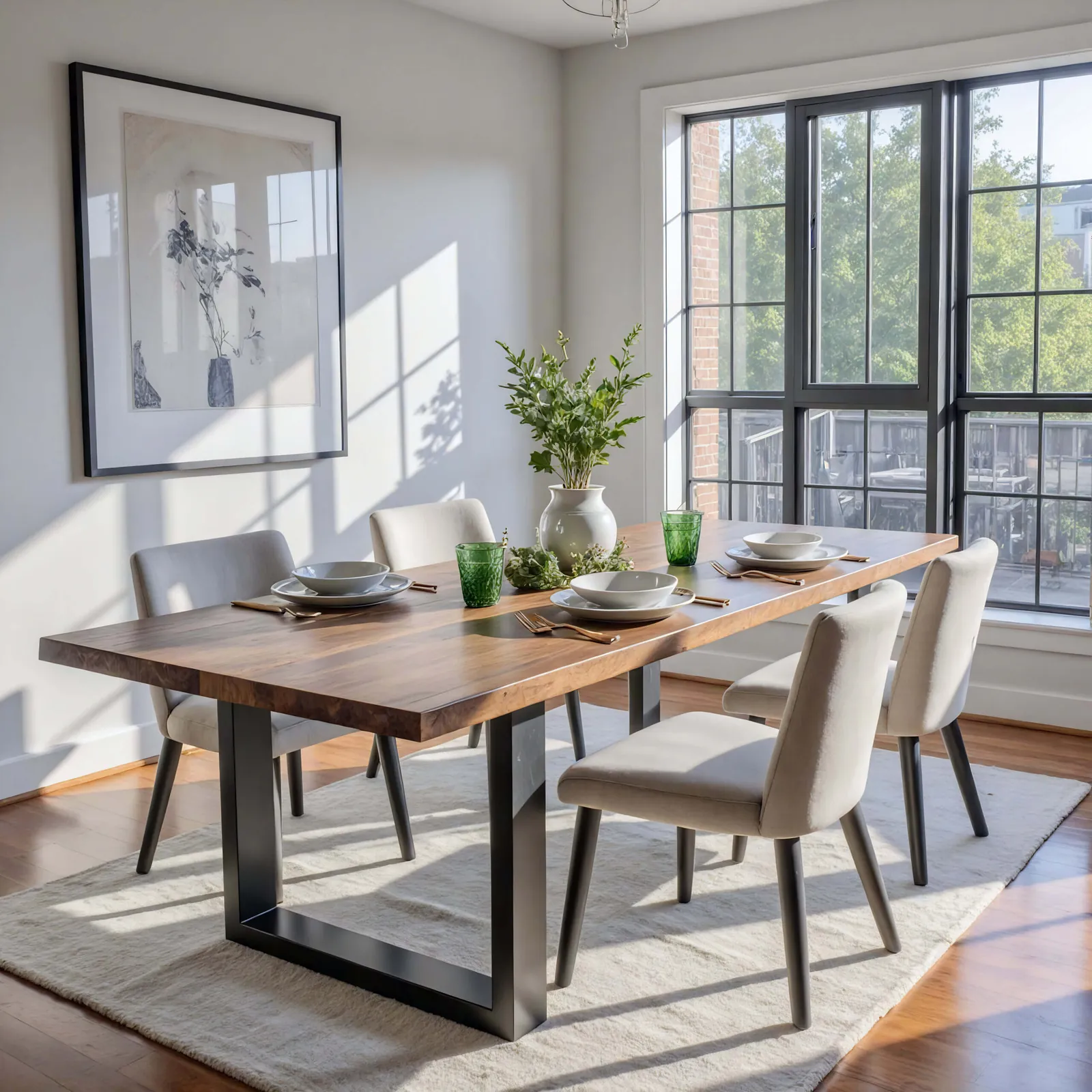 Linen placemats and trivets protecting sealed walnut dining table