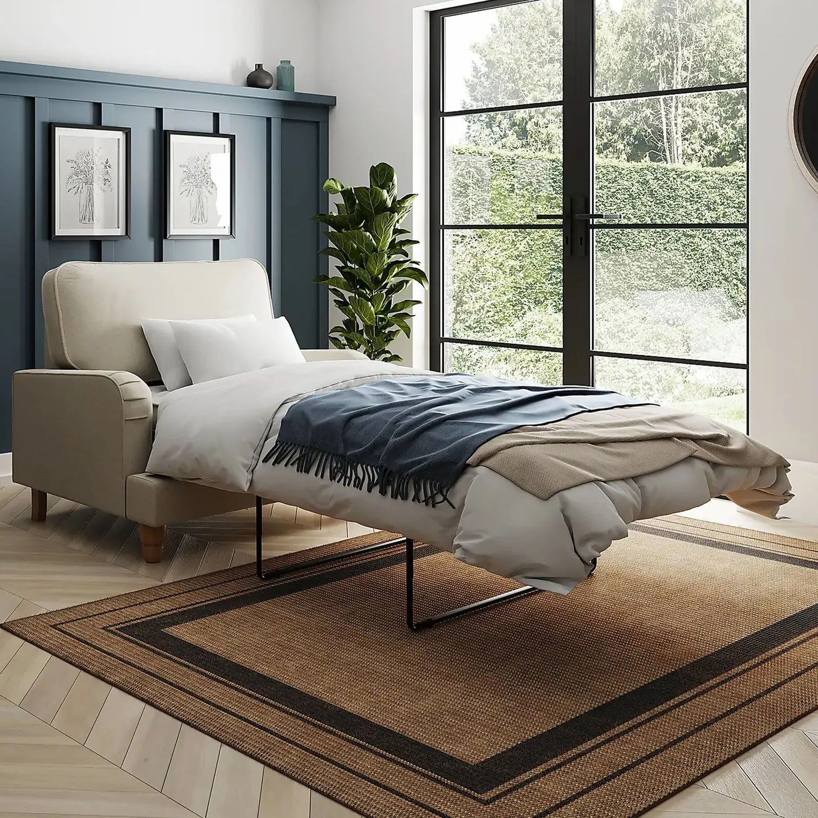 Measuring the length of an extended chair bed on a wooden floor.