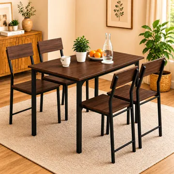 Measuring the space between place settings on a wooden dining table for comfort.